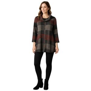PURE Essence Plaid Cowl Neck Tunic Womens Size L Teacher Artsy Lagenlook Office